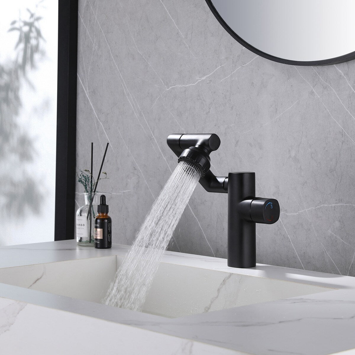 360-degree Swivel 4-way Bathroom Sink Faucet Single Hole with Handle in Matte Black
