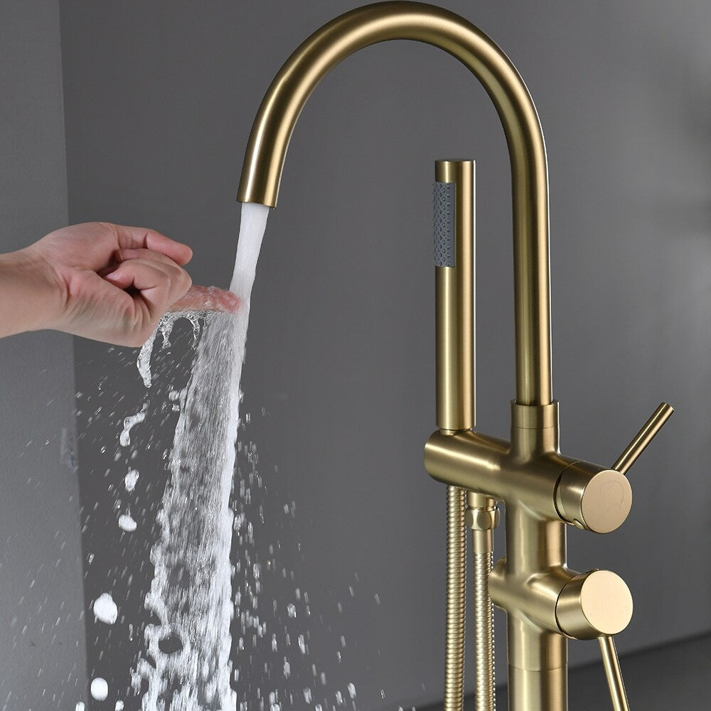 Bathroom Faucets Freestanding Floor Mount Tub Faucet Bathtub with Hand Shower in Brushed Gold