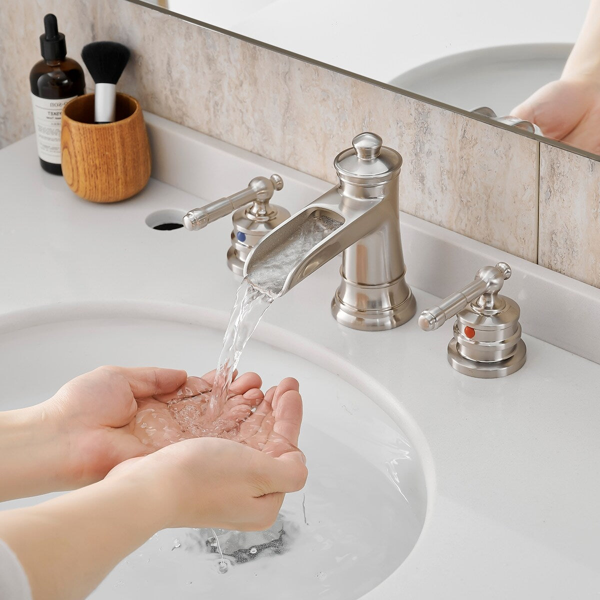 Bathroom Faucets for Sink 3 Hole with Pop Up Drain Double Lever Handle