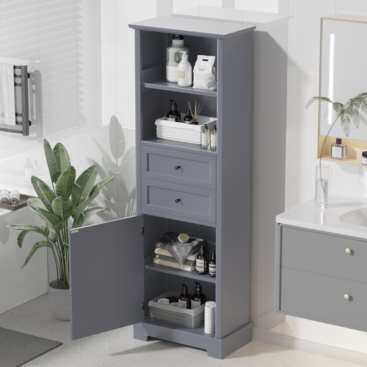 Bathroom Storage Cabinet Tall Storage Cabinet with Two Drawers Open
