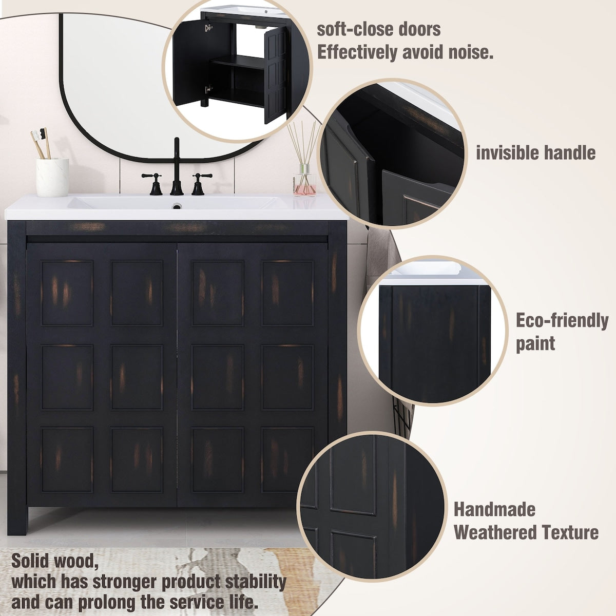 Bathroom Storage Vanity with Resin Sink & 2 Doors
