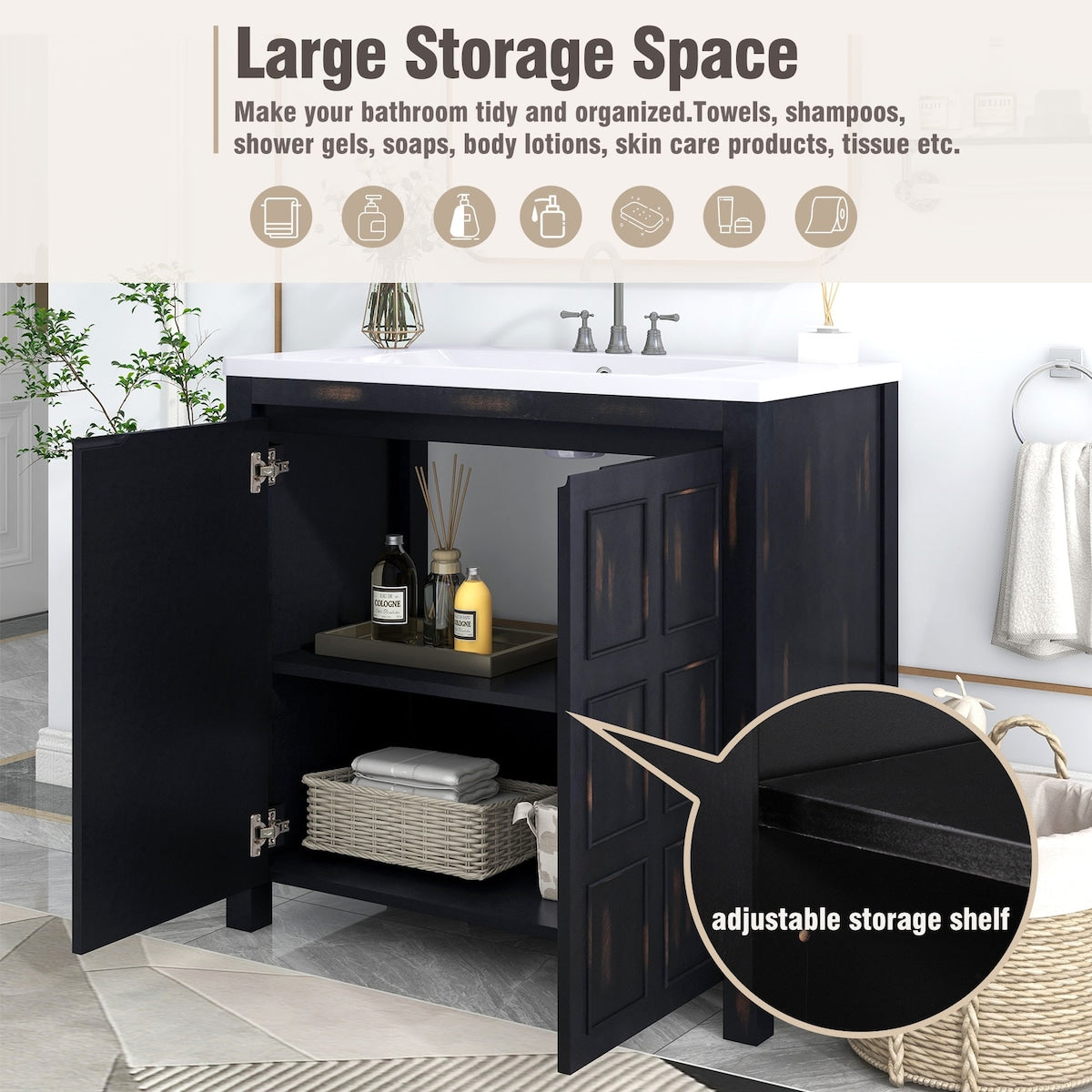 Bathroom Storage Vanity with Resin Sink & 2 Doors