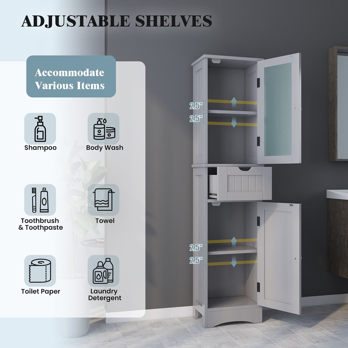 Bathroom Tall Cabinet Freestanding Linen Tower with Doors & Drawer