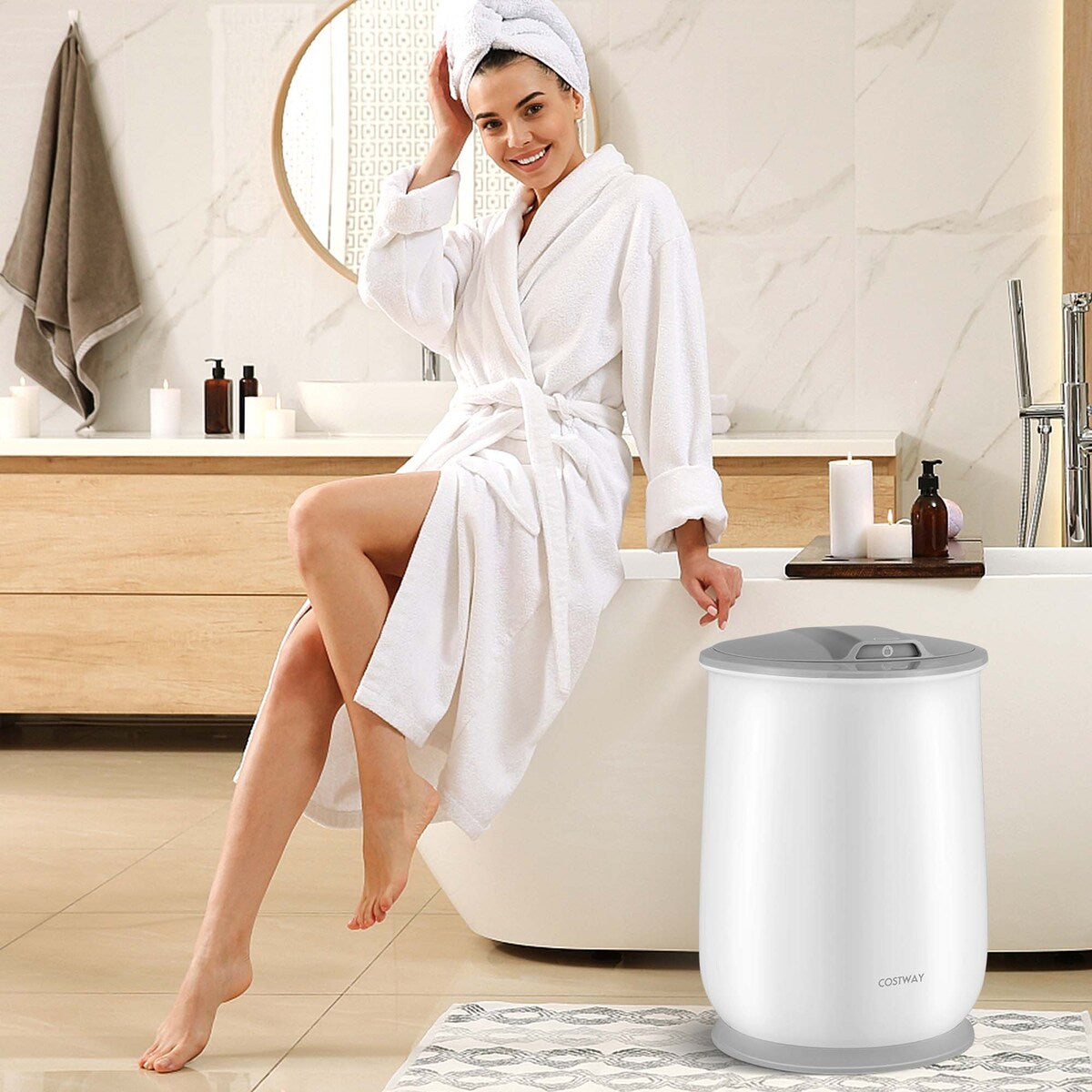 Bathroom Towel Warmer Bucket 21L Heater w/ Flip-top Lid Auto Shut Off - White & Gray