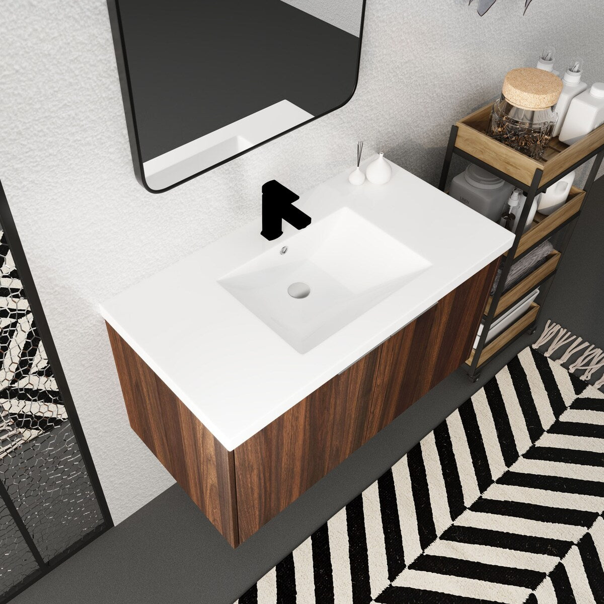 24/30/36 Inch Wall Mounted Single Bathroom Vanity with Resin Vanity Top in Walnut / Oak