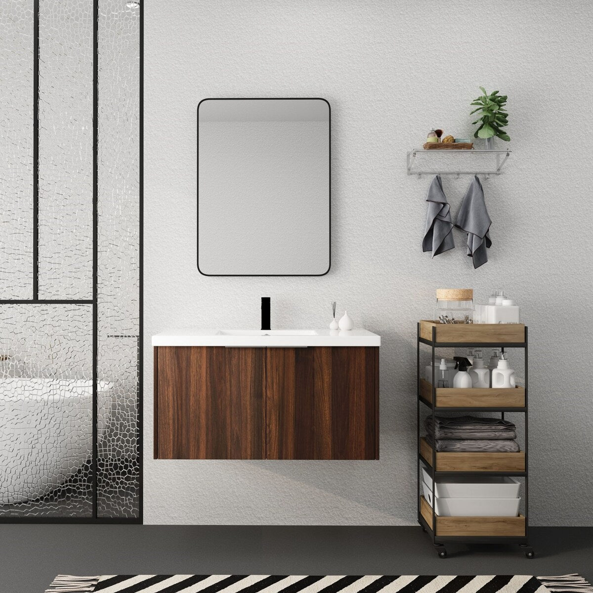 24/30/36 Inch Wall Mounted Single Bathroom Vanity with Resin Vanity Top in Walnut / Oak