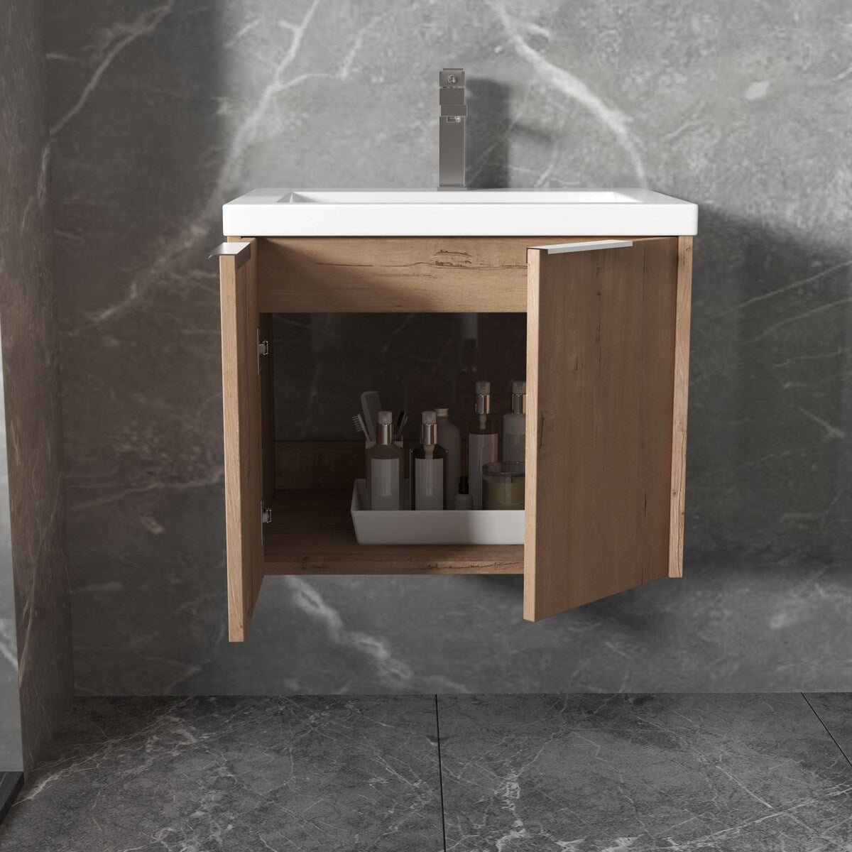 24/30/36 Inch Wall Mounted Single Bathroom Vanity with Resin Vanity Top in Walnut / Oak