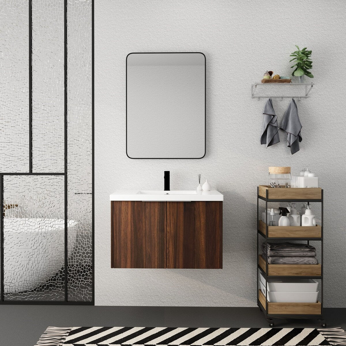 24/30/36 Inch Wall Mounted Single Bathroom Vanity with Resin Vanity Top in Walnut / Oak