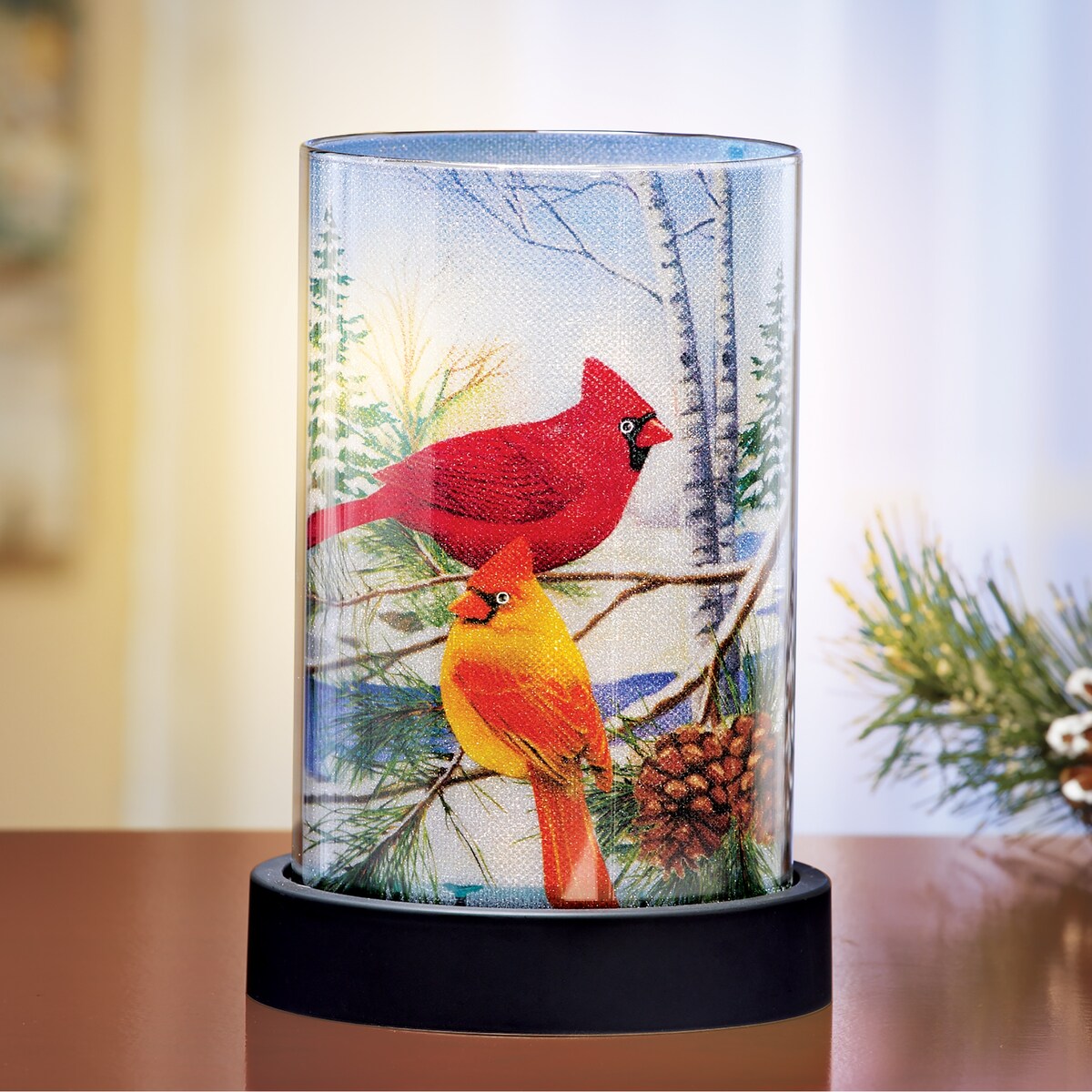 Battery-Operated Sparkling Cardinal Winter Hurricane Lamp - Red - 4.5 x 6.75 x 4.5