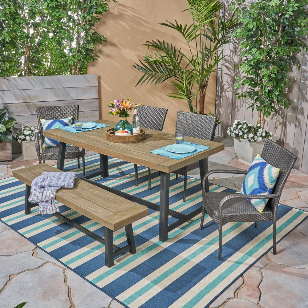 Baxley Outdoor 6 Piece Wood and Wicker Dining Set with Stacking Chairs and Bench by Christopher Knight Home
