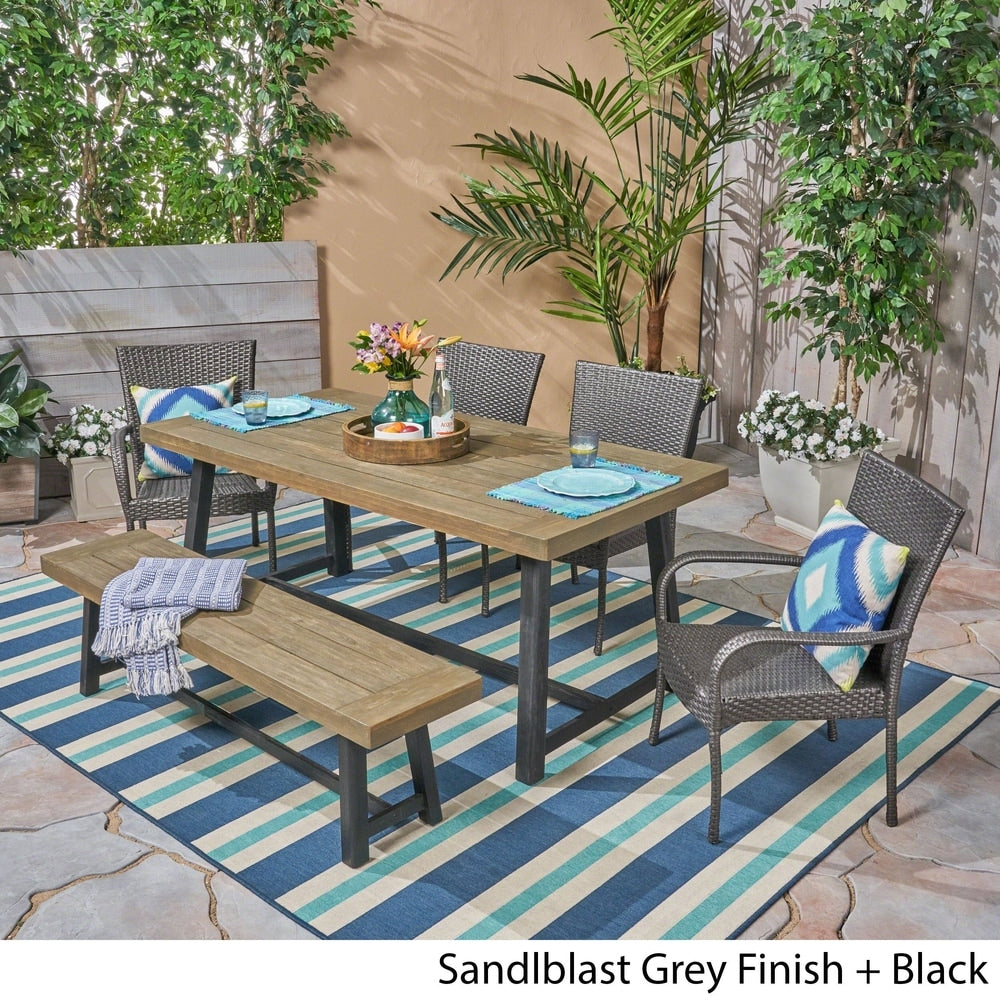 Baxley Outdoor 6 Piece Wood and Wicker Dining Set with Stacking Chairs and Bench by Christopher Knight Home