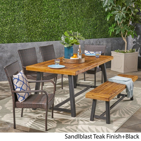 Baxley Outdoor 6 Piece Wood and Wicker Dining Set with Stacking Chairs and Bench by Christopher Knight Home