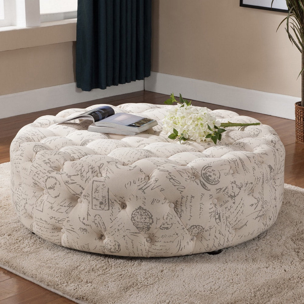 The Gray Barn Daisy Patterned Linen Modern Tufted Round Ottoman