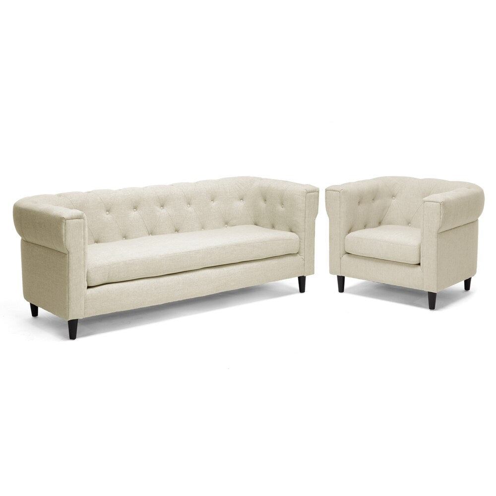 Baxton Studio Cortland Beige Linen Chesterfield 2-piece Sofa Set with Bonus Display Shelving