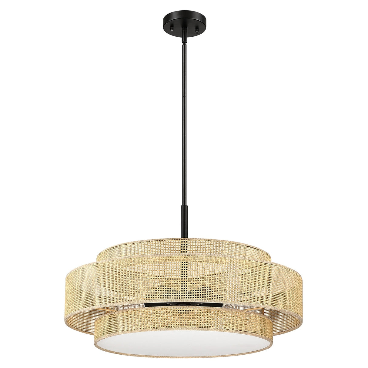 Bayou 5-Light Black Coastal Drum Chandelier with Double Rattan Shade - 24''W