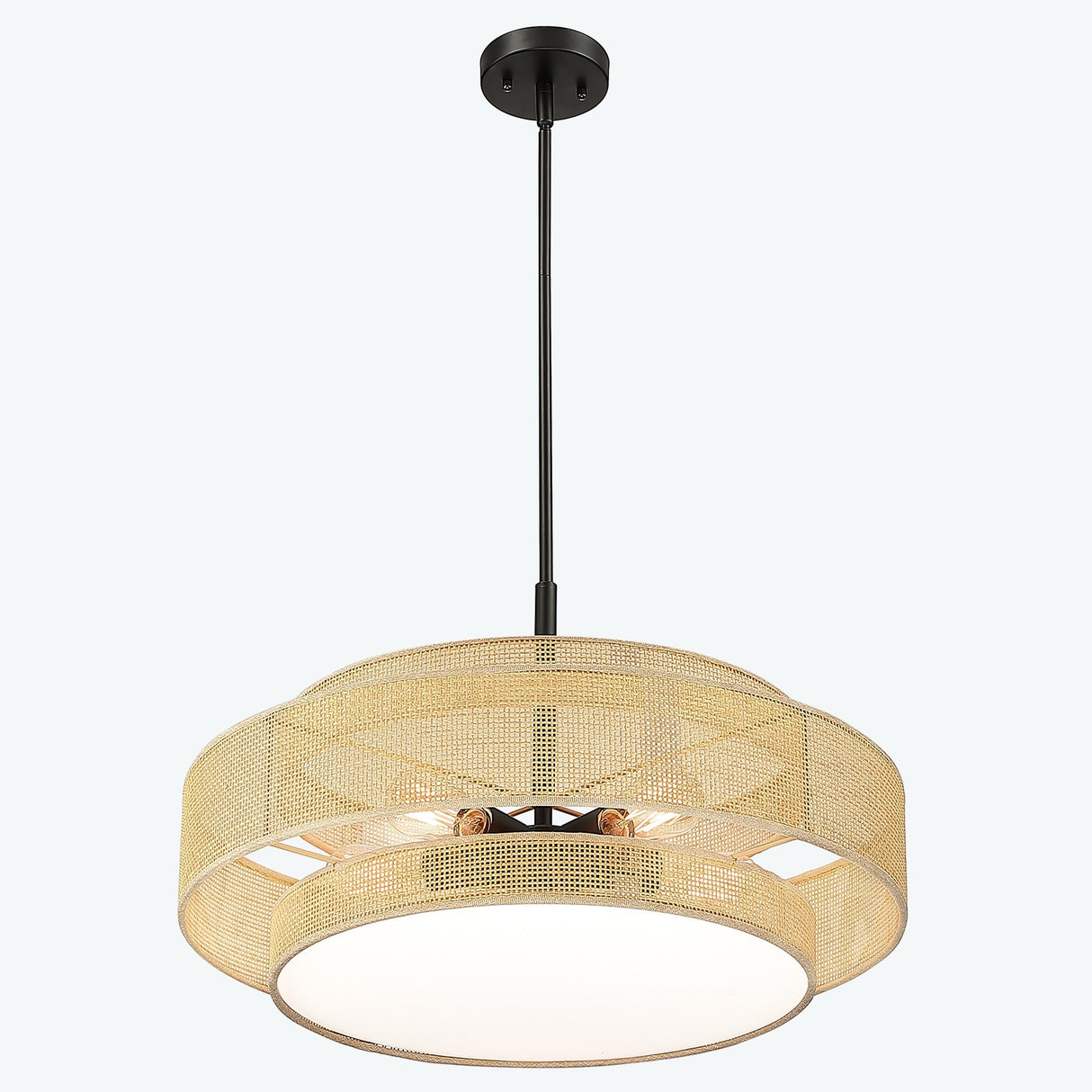 Bayou 5-Light Black Coastal Drum Chandelier with Double Rattan Shade - 24''W