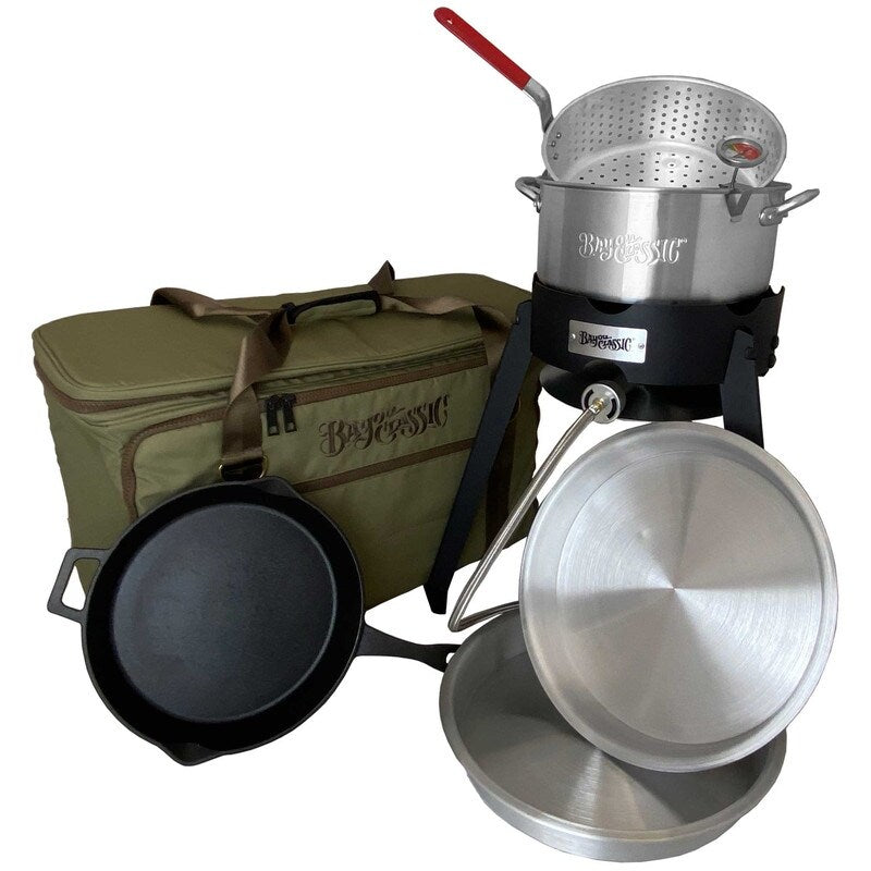 Bayou Classic Fish Camp Kit Features 10-qt Aluminum Fish Cooker w/ Perforated Aluminum Basket