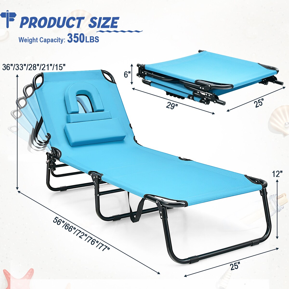 Beach Adjustable Backrest Chaise Lounge Chair w/ Face Hole & Pillows