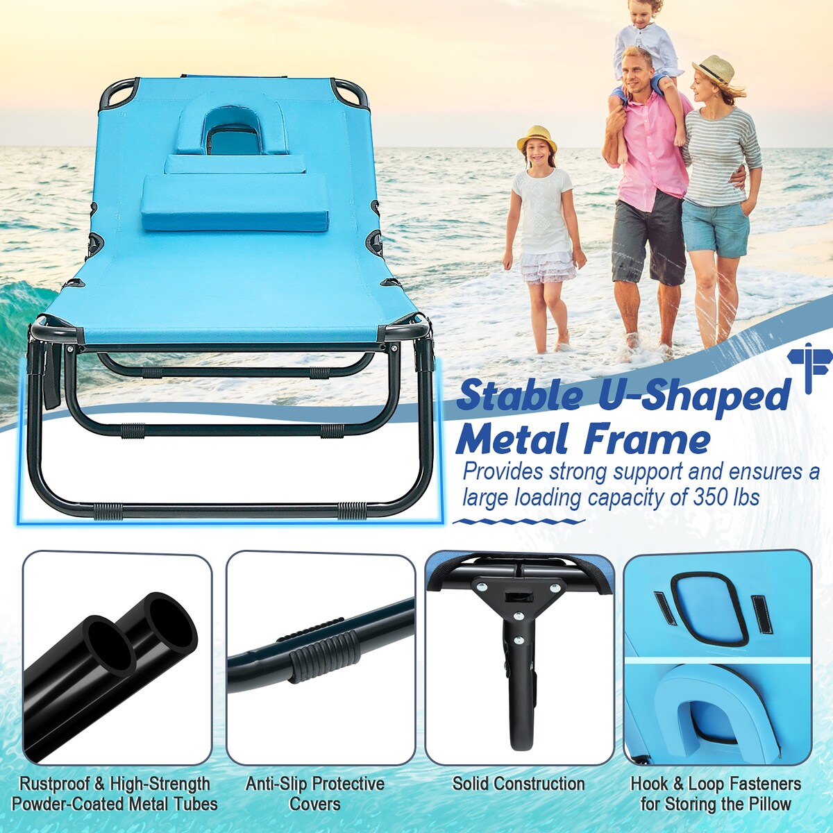 Beach Adjustable Backrest Chaise Lounge Chair w/ Face Hole & Pillows