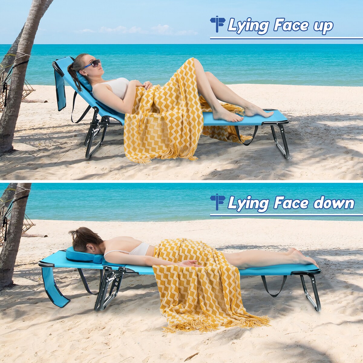 Beach Adjustable Backrest Chaise Lounge Chair w/ Face Hole & Pillows