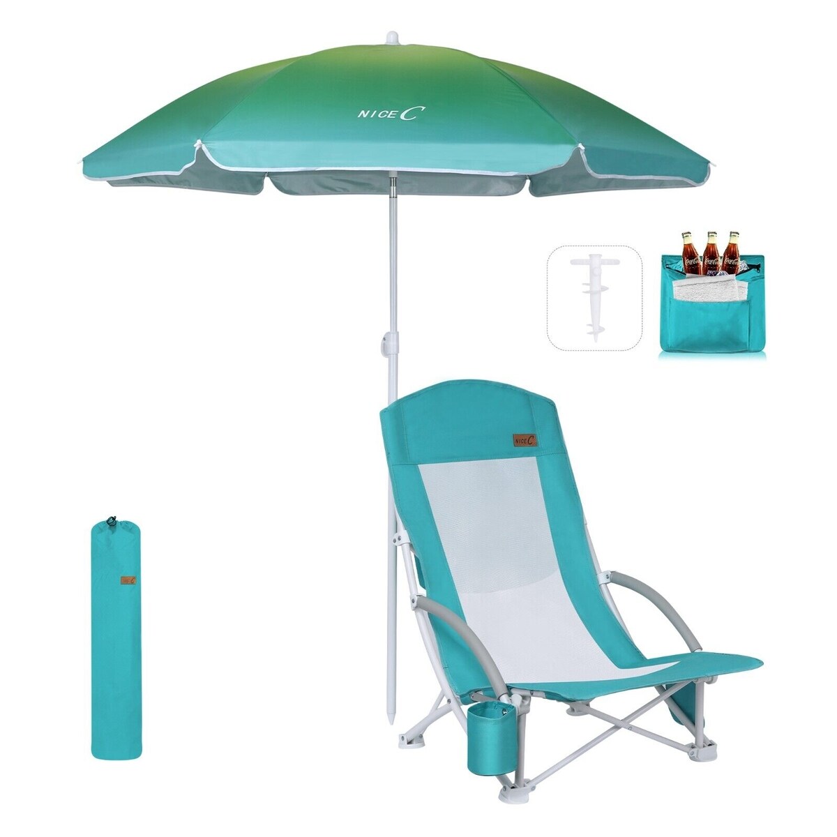 Beach Chair, Beach Chairs for Adults, w/Cooler&Umbrella, Compact High Back, Cup Holder & Carry Bag & Heavy Duty