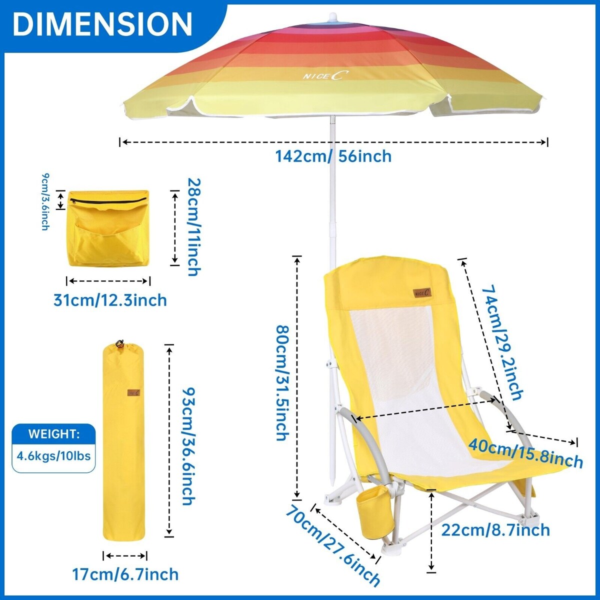 Beach Chair, Beach Chairs for Adults, w/Cooler&Umbrella, Compact High Back, Cup Holder & Carry Bag & Heavy Duty