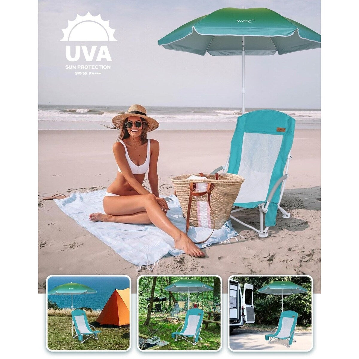 Beach Chair, Beach Chairs for Adults, w/Cooler&Umbrella, Compact High Back, Cup Holder & Carry Bag & Heavy Duty