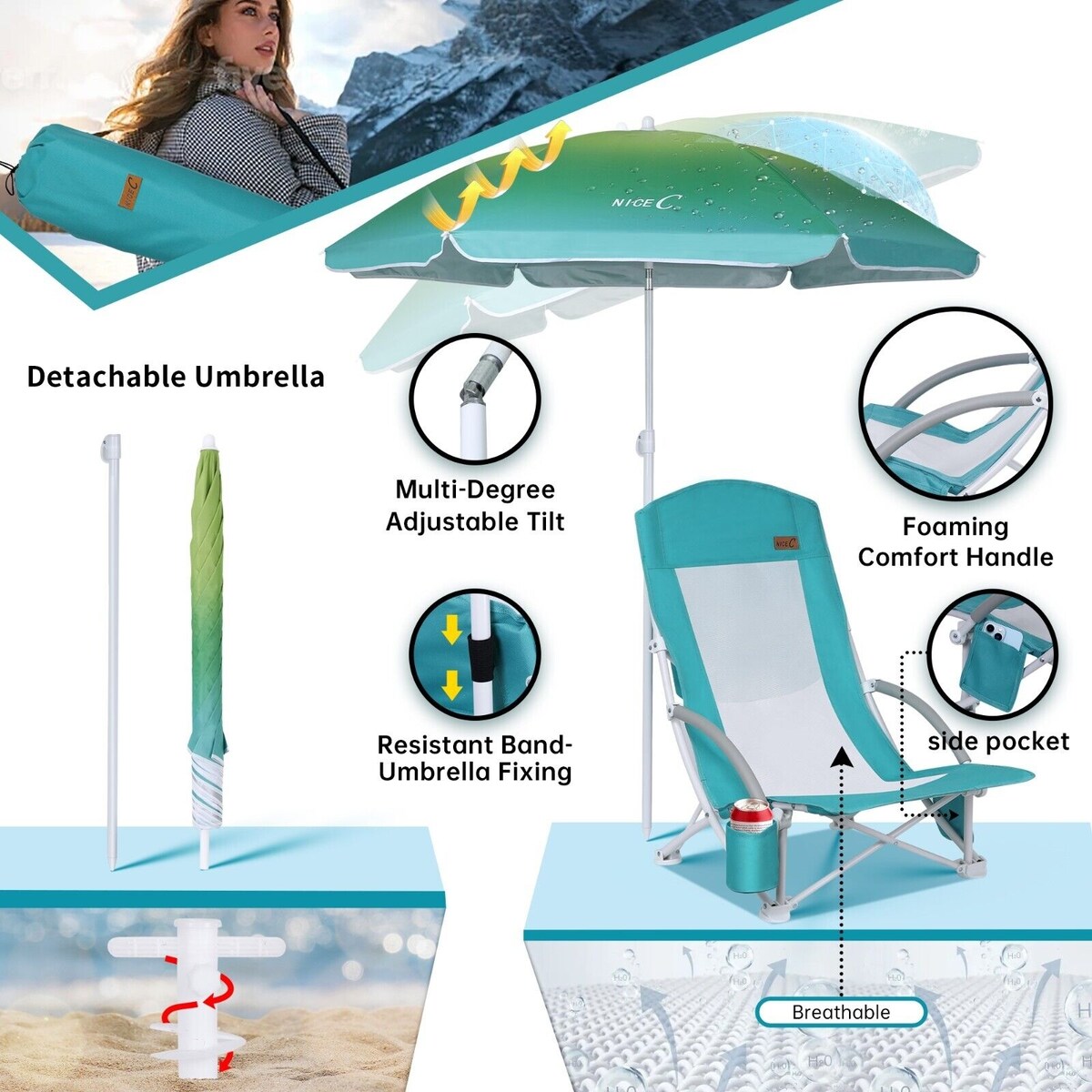 Beach Chair, Beach Chairs for Adults, w/Cooler&Umbrella, Compact High Back, Cup Holder & Carry Bag & Heavy Duty