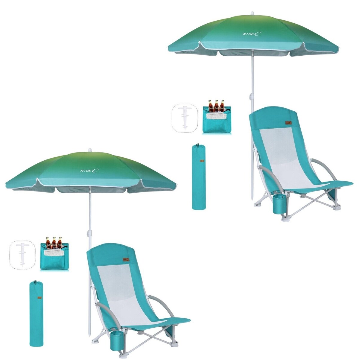Beach Chair, Beach Chairs for Adults, w/Cooler&Umbrella, Compact High Back, Cup Holder & Carry Bag & Heavy Duty