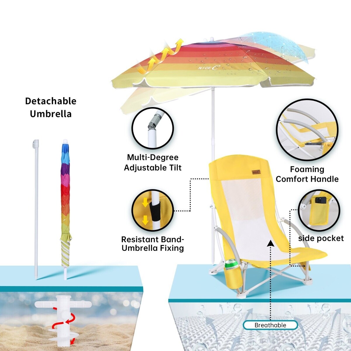 Beach Chair, Beach Chairs for Adults, w/Cooler&Umbrella, Compact High Back, Cup Holder & Carry Bag & Heavy Duty