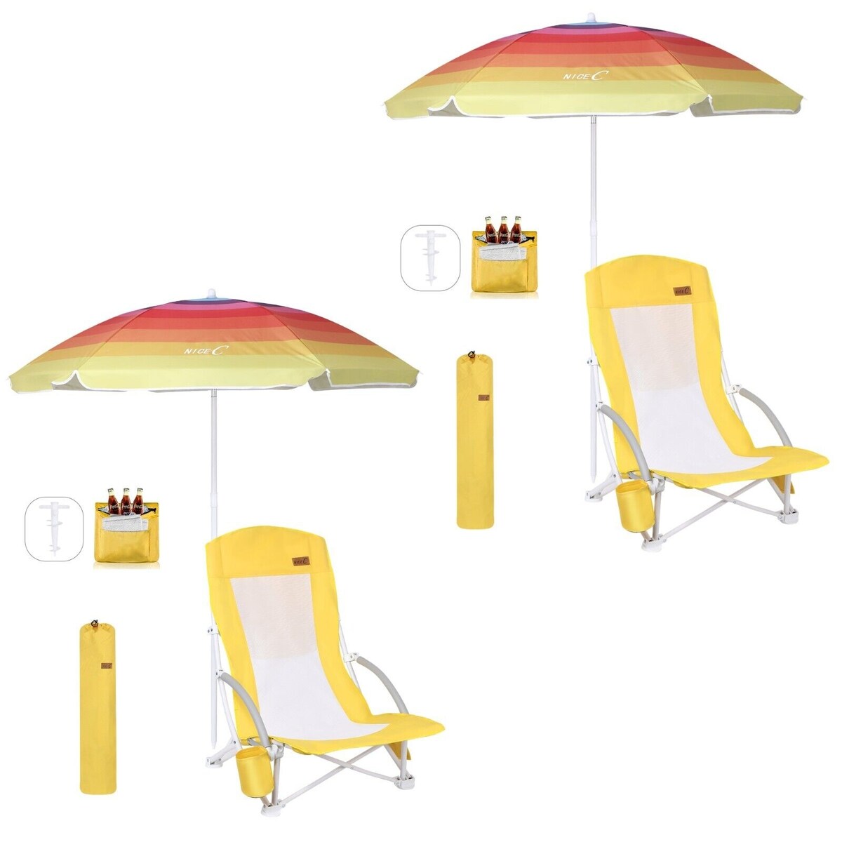 Beach Chair, Beach Chairs for Adults, w/Cooler&Umbrella, Compact High Back, Cup Holder & Carry Bag & Heavy Duty
