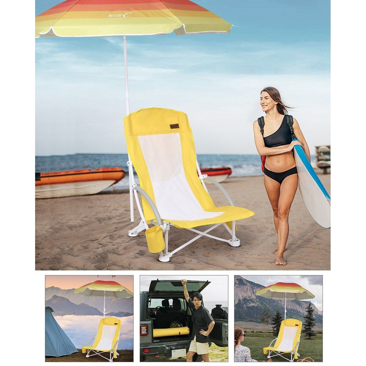 Beach Chair, Beach Chairs for Adults, w/Cooler&Umbrella, Compact High Back, Cup Holder & Carry Bag & Heavy Duty