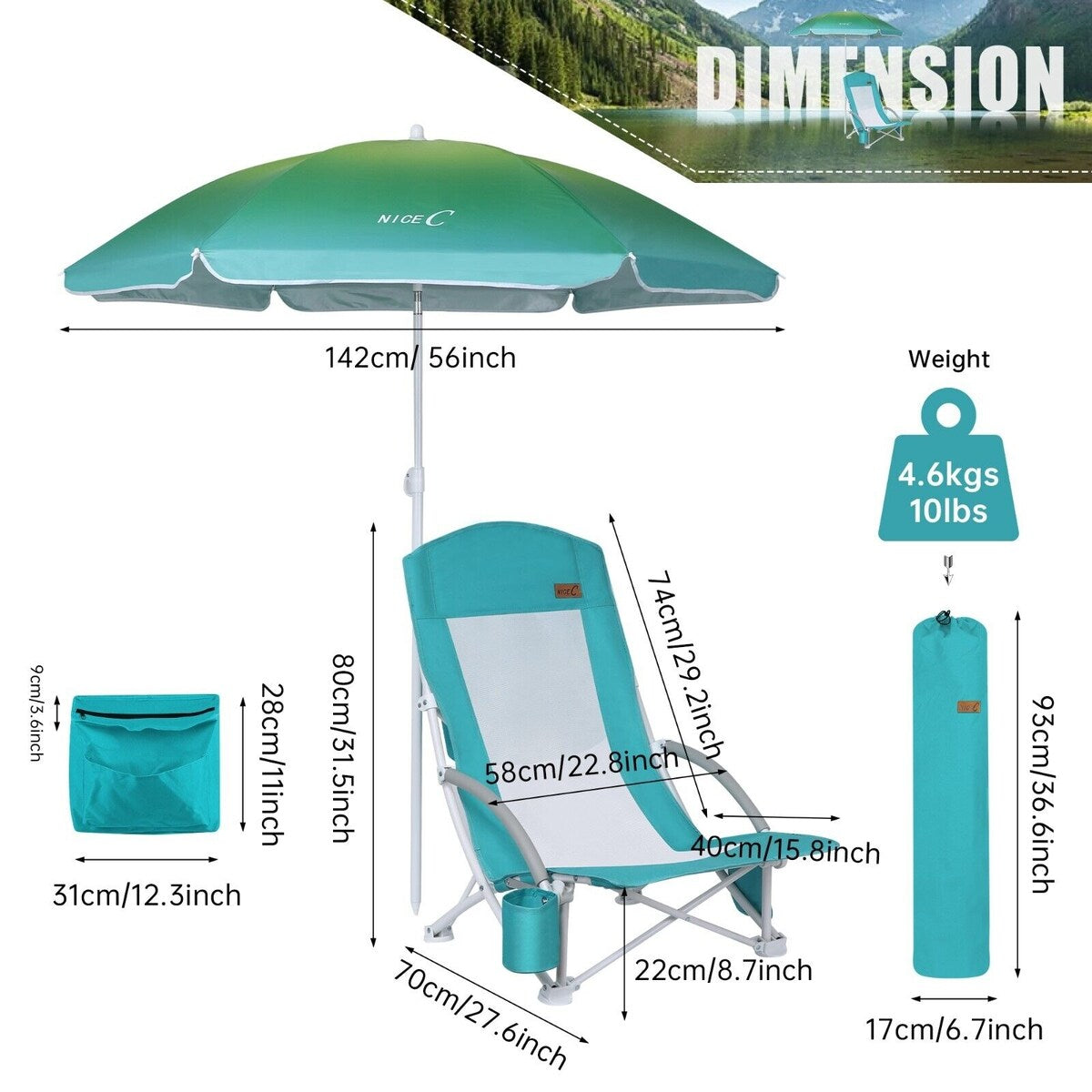 Beach Chair, Beach Chairs for Adults, w/Cooler&Umbrella, Compact High Back, Cup Holder & Carry Bag & Heavy Duty