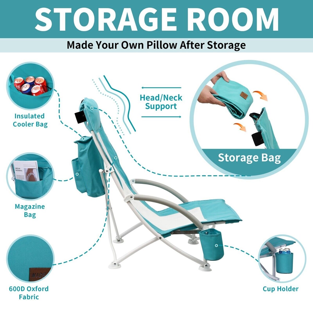 Beach Chair, Beach Chairs for Adults, w/Cooler&Umbrella, Compact High Back, Cup Holder & Carry Bag & Heavy Duty