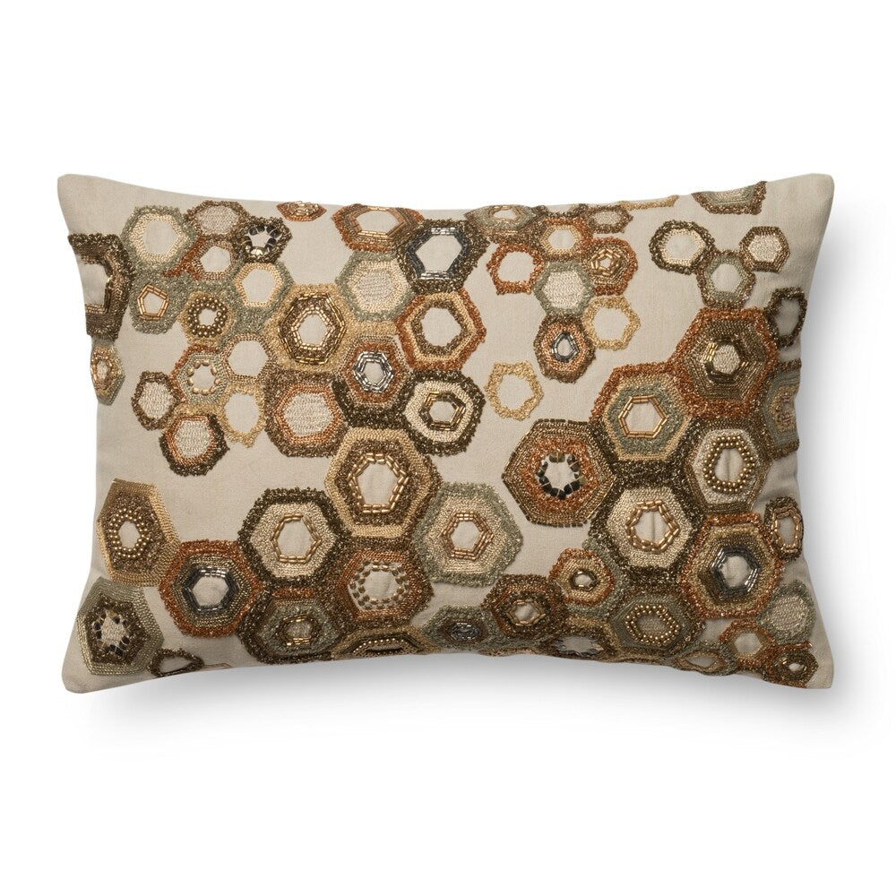 Beaded Beige Embroidered Geo Cotton 13 x 21 Pillow Cover