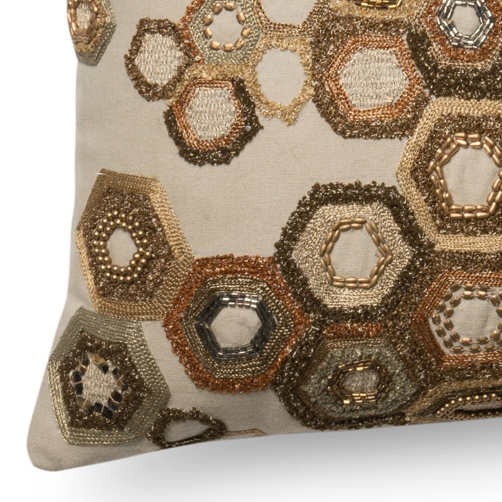 Beaded Beige Embroidered Geo Cotton 13 x 21 Pillow Cover