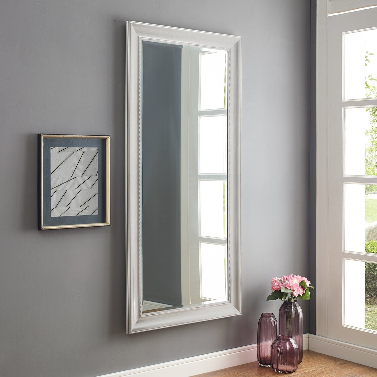 Beaded Framed Leaner Vertical Full Length Floor Mirror, Wall Decor Beveled Glass Mirror - 66" x 32", Silver