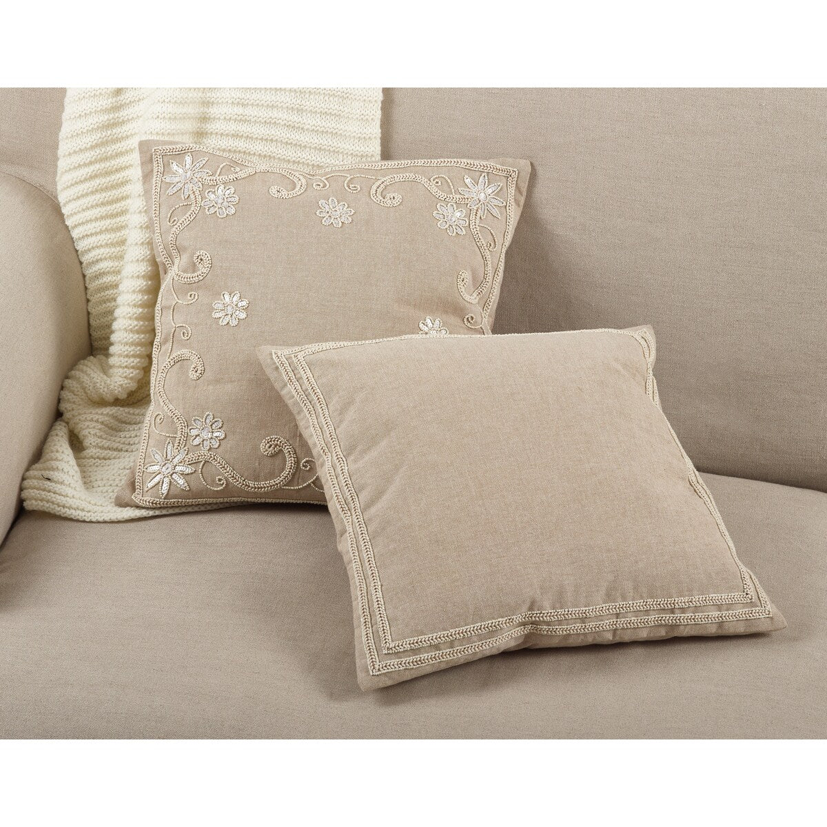 Beaded Sequin Floral Design Cotton Throw Pillow Cover (Set of 2)