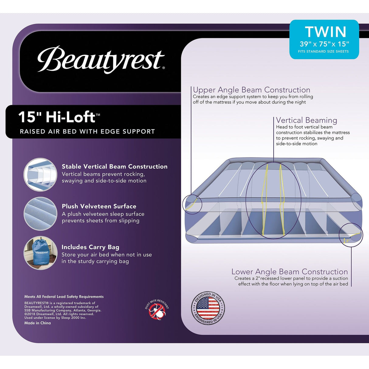 Beautyrest Hi Loft Raised Air Mattress with External Pump - Inflatable Bed with Edge Support, Puncture-Resistant Vinyl