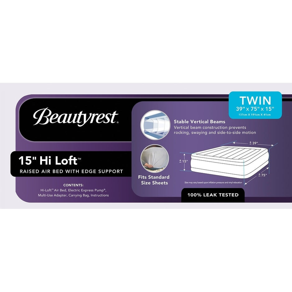 Beautyrest Hi Loft Raised Air Mattress with External Pump - Inflatable Bed with Edge Support, Puncture-Resistant Vinyl