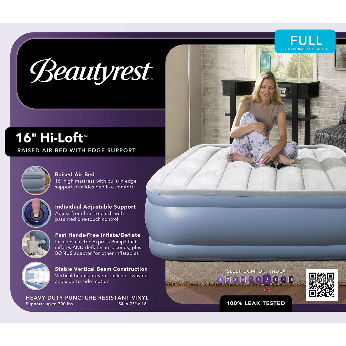 Beautyrest Hi Loft Raised Air Mattress with External Pump - Inflatable Bed with Edge Support, Puncture-Resistant Vinyl