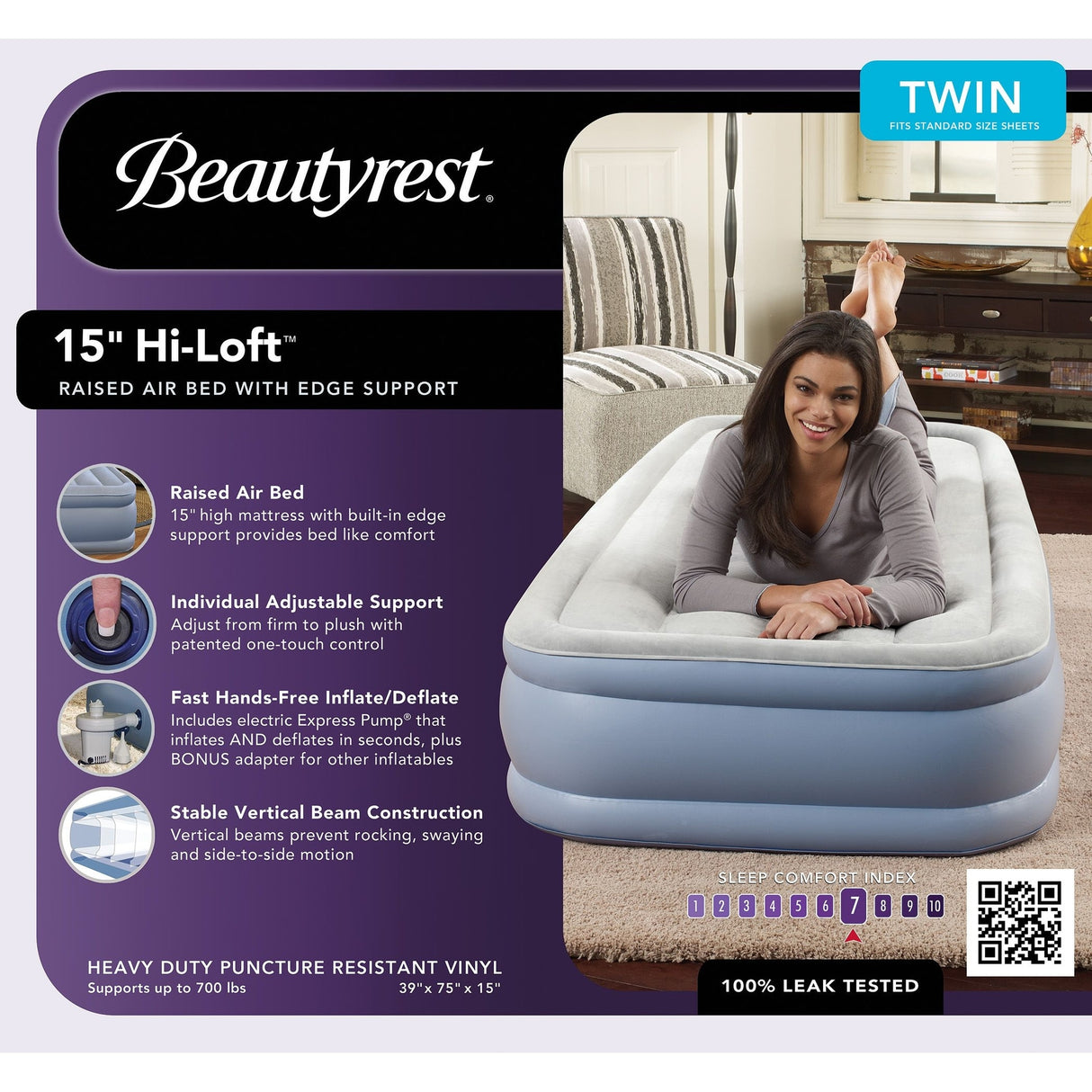 Beautyrest Hi Loft Raised Air Mattress with External Pump - Inflatable Bed with Edge Support, Puncture-Resistant Vinyl