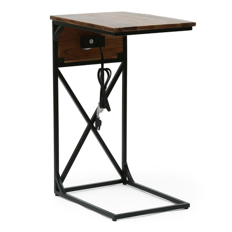 Beckstrom Modern Industrial Handcrafted Acacia Wood C-Shaped Side Table with Charging Port by Christopher Knight Home