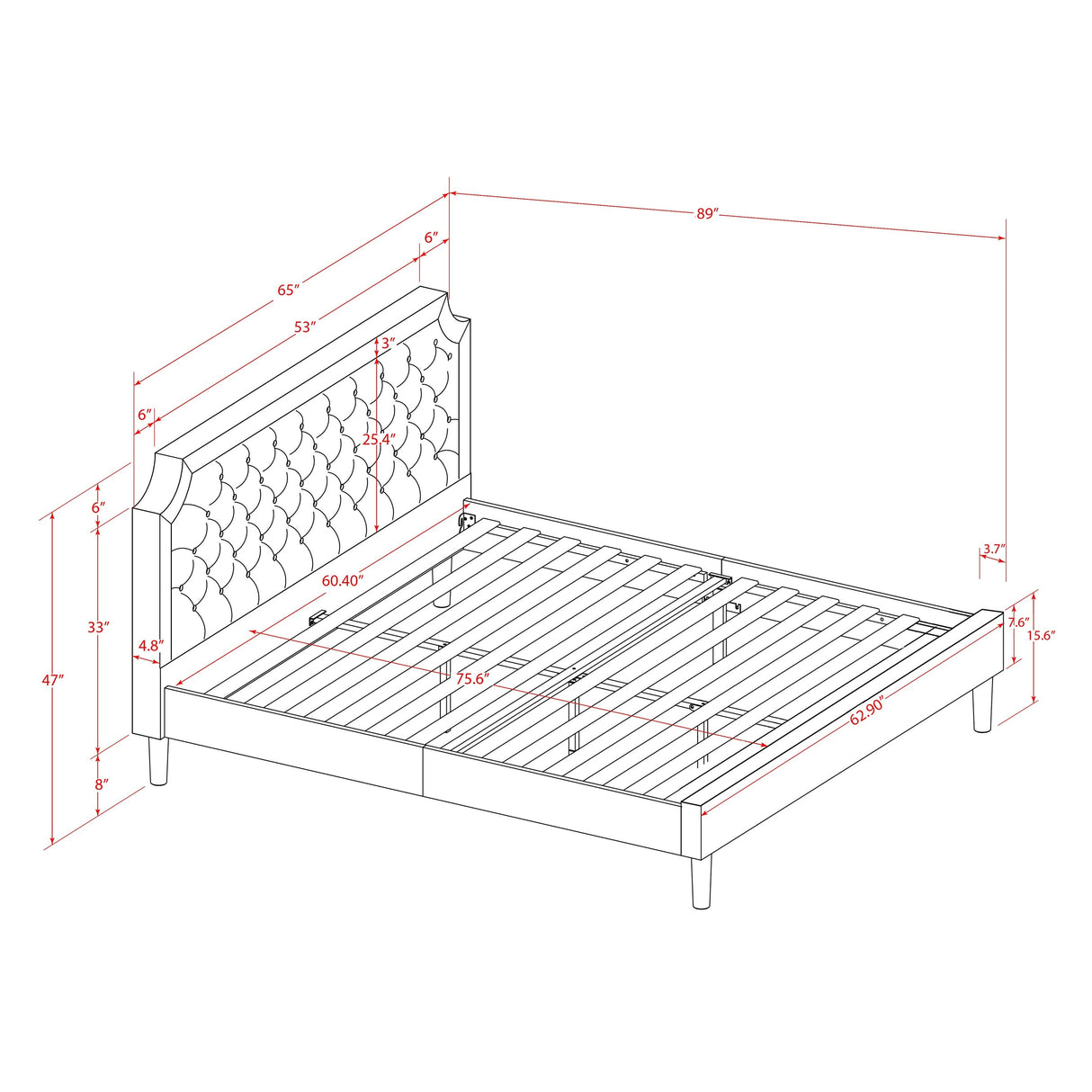Bed Contains Brown Textured Upholstered Headboard, Footboard and Wood Rails, Slats - Wooden 9 Legs - Black Finish(Size Options)
