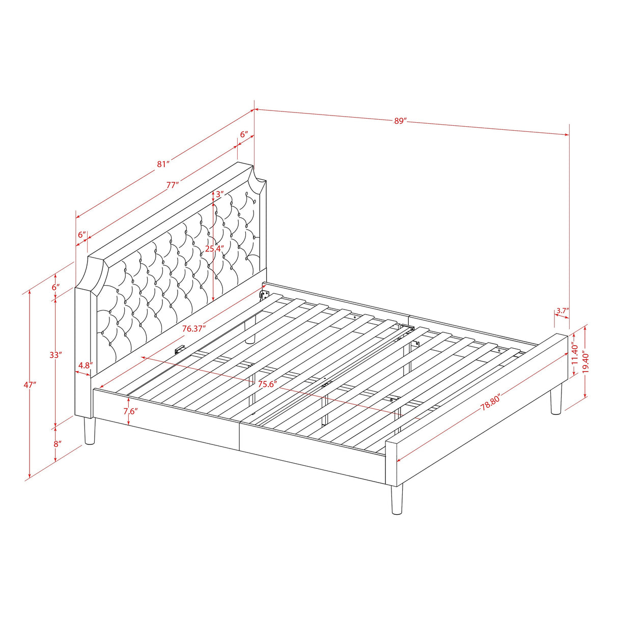 Bed Contains Brown Textured Upholstered Headboard, Footboard and Wood Rails, Slats - Wooden 9 Legs - Black Finish(Size Options)