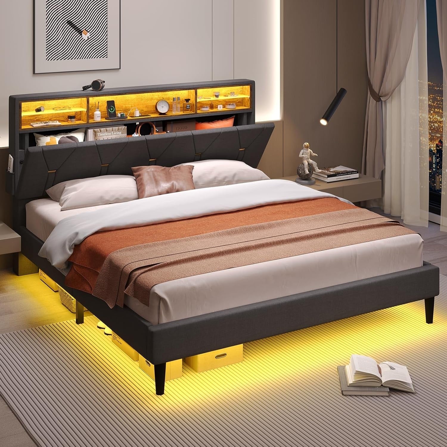 Bed Frame Storage Headboard RGB LED Lights Upholstered Platform