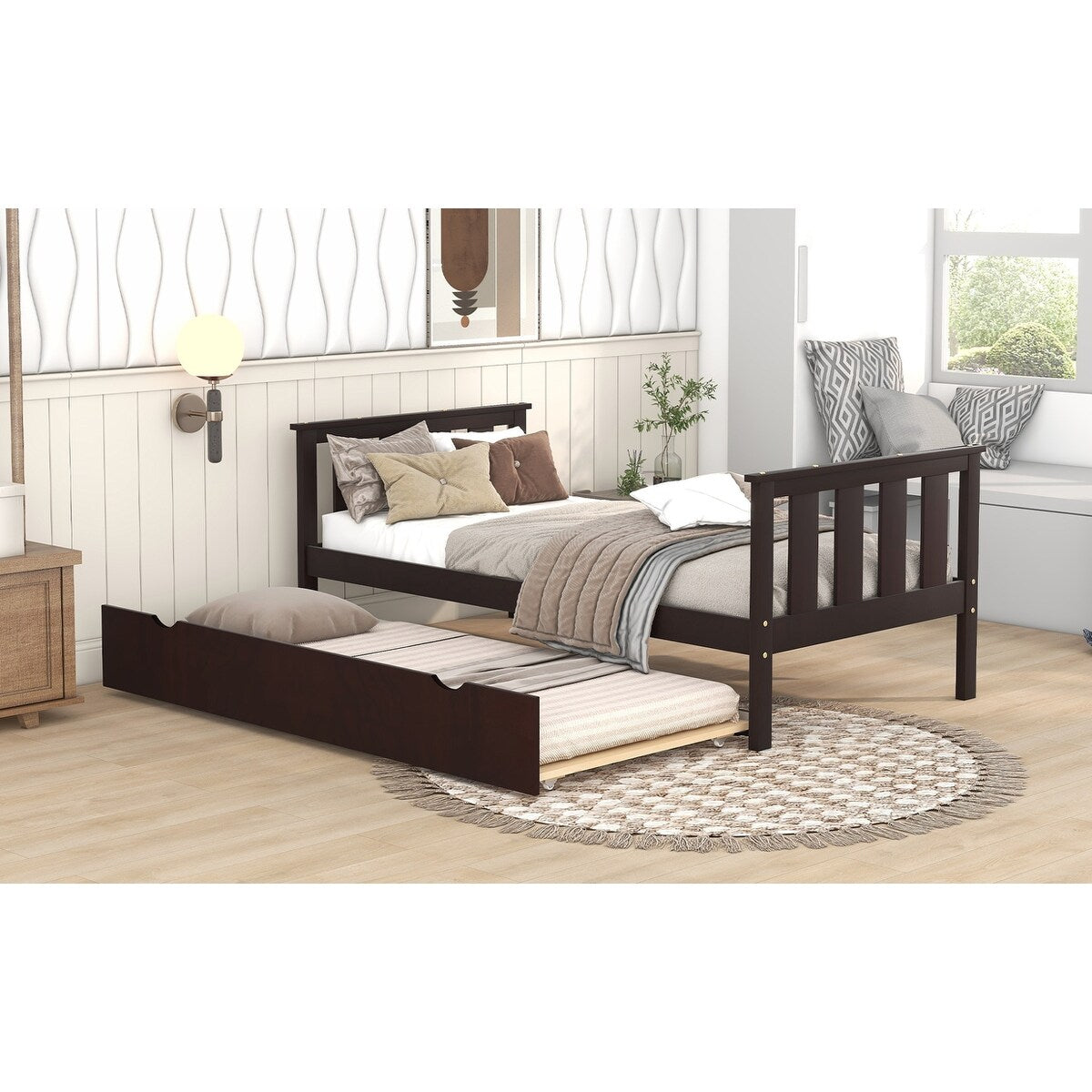 Bed Frame Wood Twin Platform Bed with Pull Out Trundle