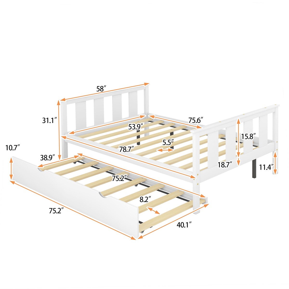 Bed Frame Wood Twin Platform Bed with Pull Out Trundle