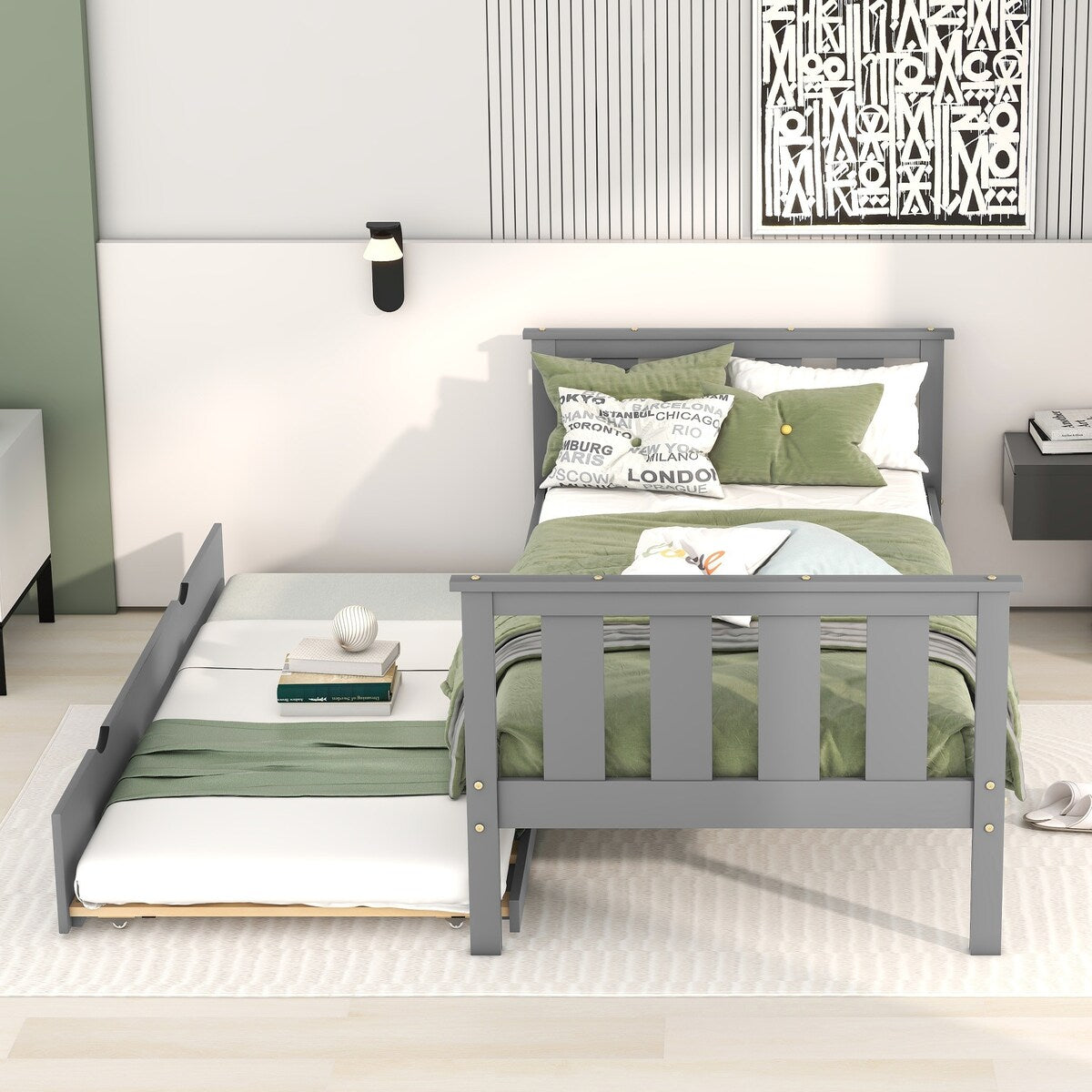 Bed Frame Wood Twin Platform Bed with Pull Out Trundle