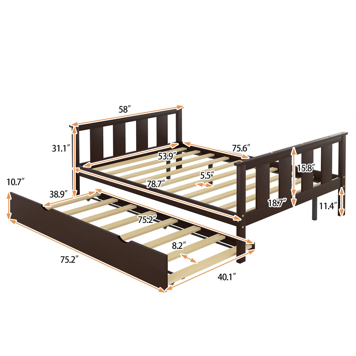 Bed Frame Wood Twin Platform Bed with Pull Out Trundle